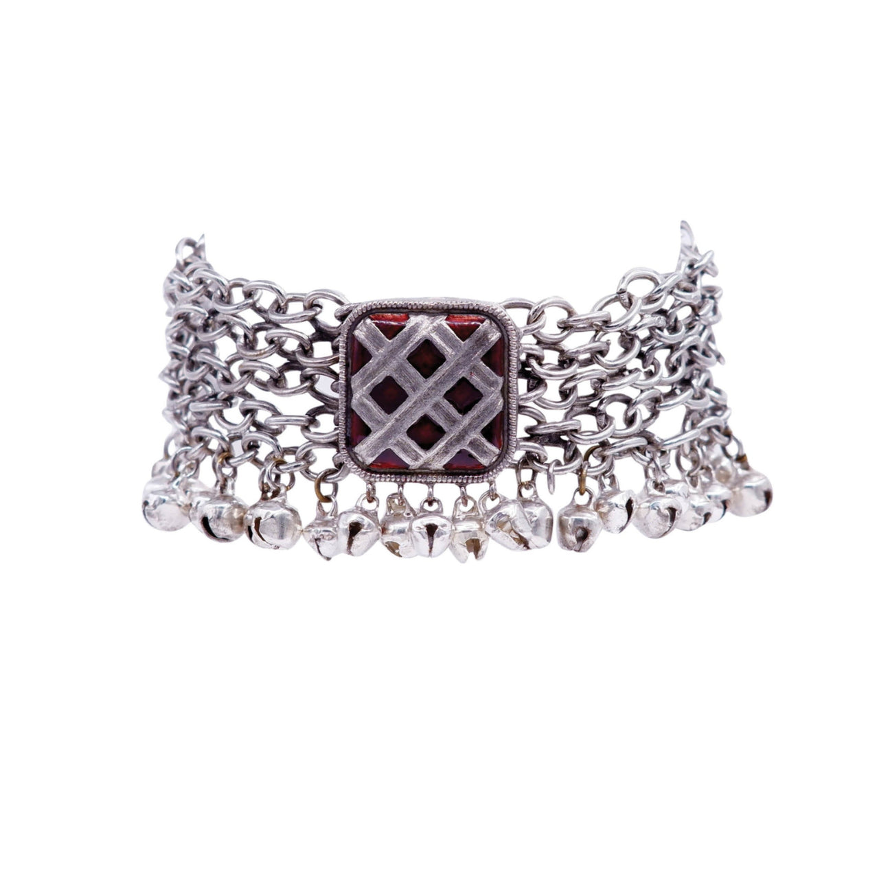 Silver plated bracelet with red stone and square piece