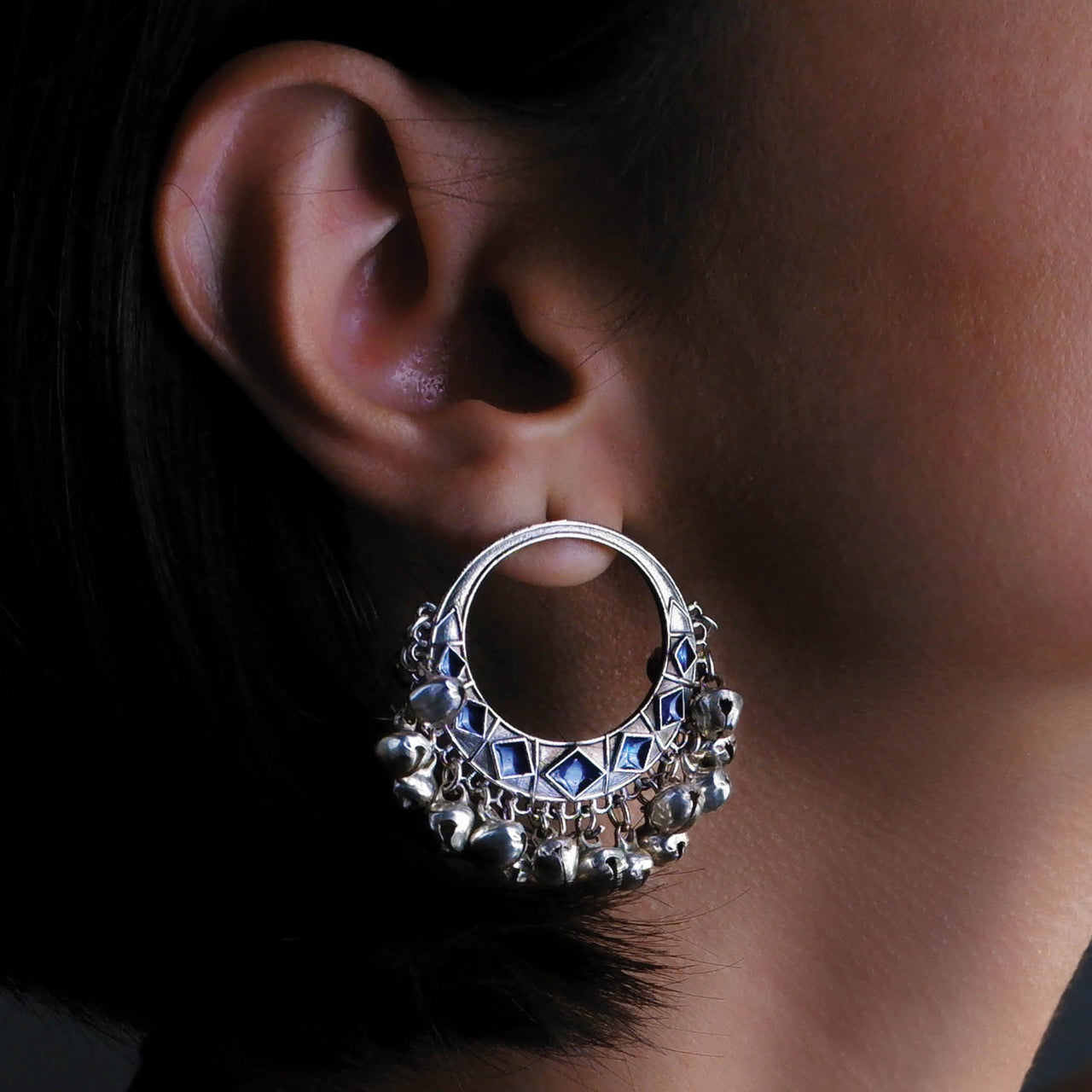 Ghungroo earring - silver and blue 
