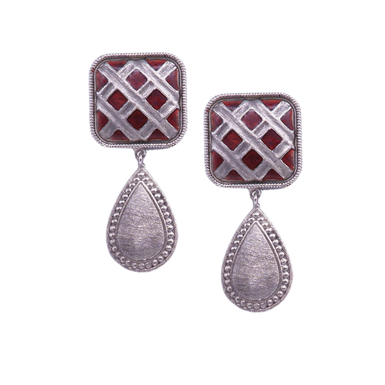 Classic silver Indian design earrings with red enamel 