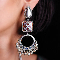 Thumbnail for Silver Plated ghungroo earrings with blue and red stones