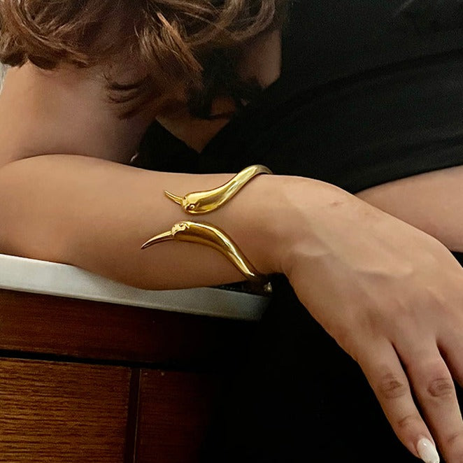 Cuff Bangle Gold - Open design with birds
