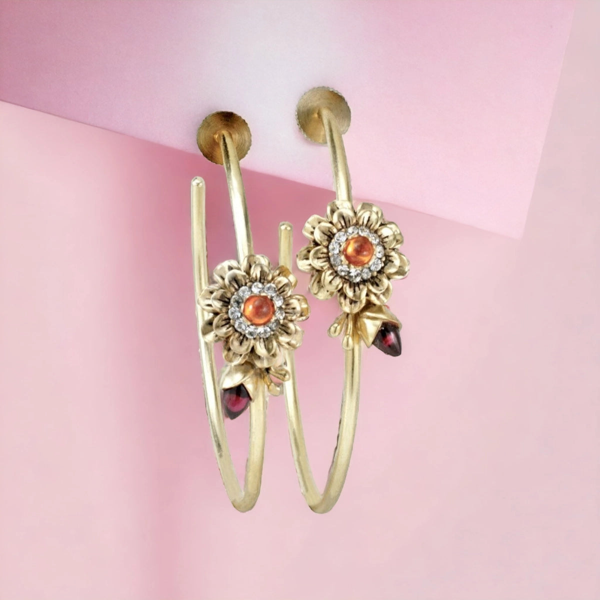  large flower hoop earrings with ruby stone