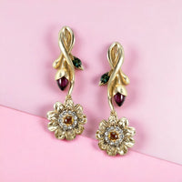 Thumbnail for Flower and Bud lomg gold earrings with red and green stones
