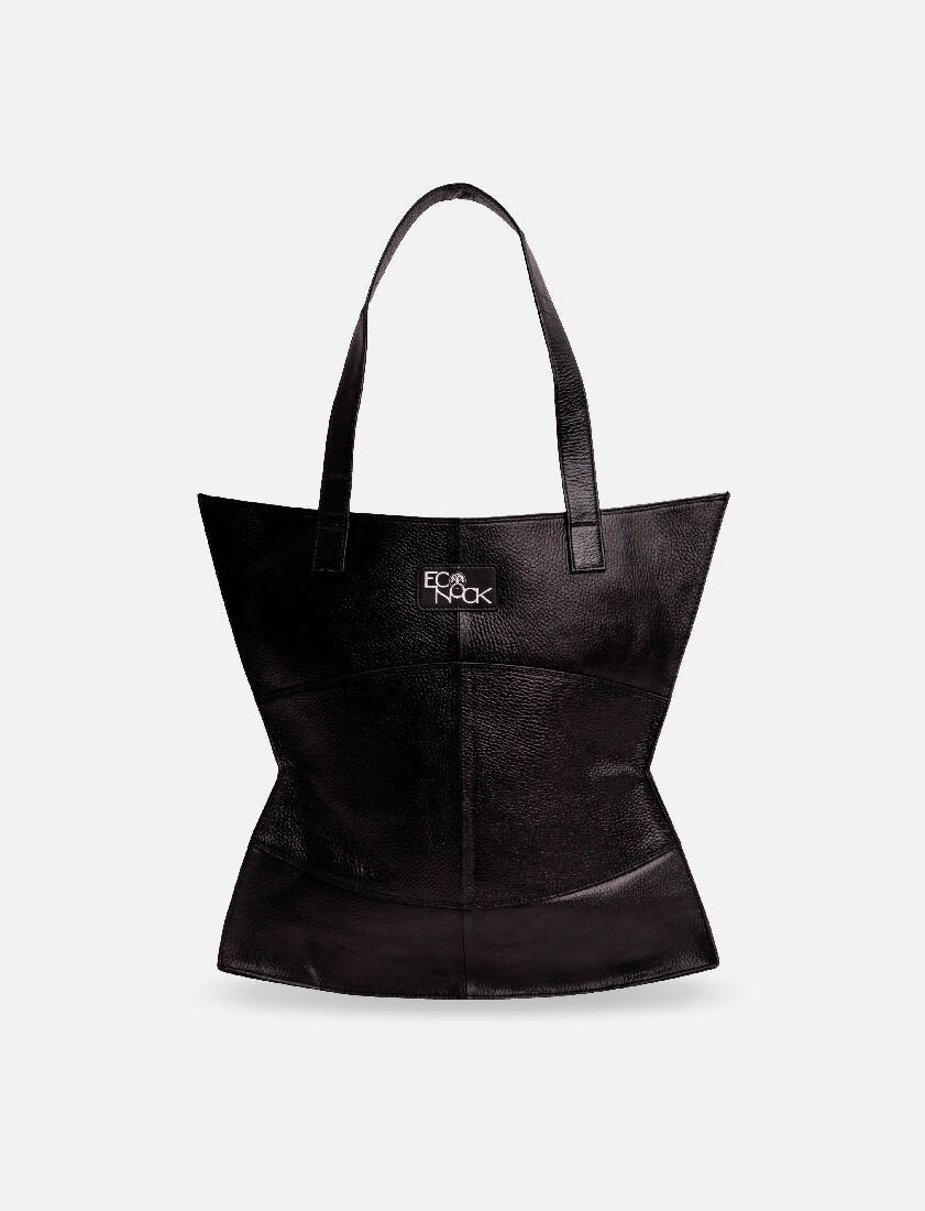 Black leather tote bag for women with gold accents from Shop Meraki