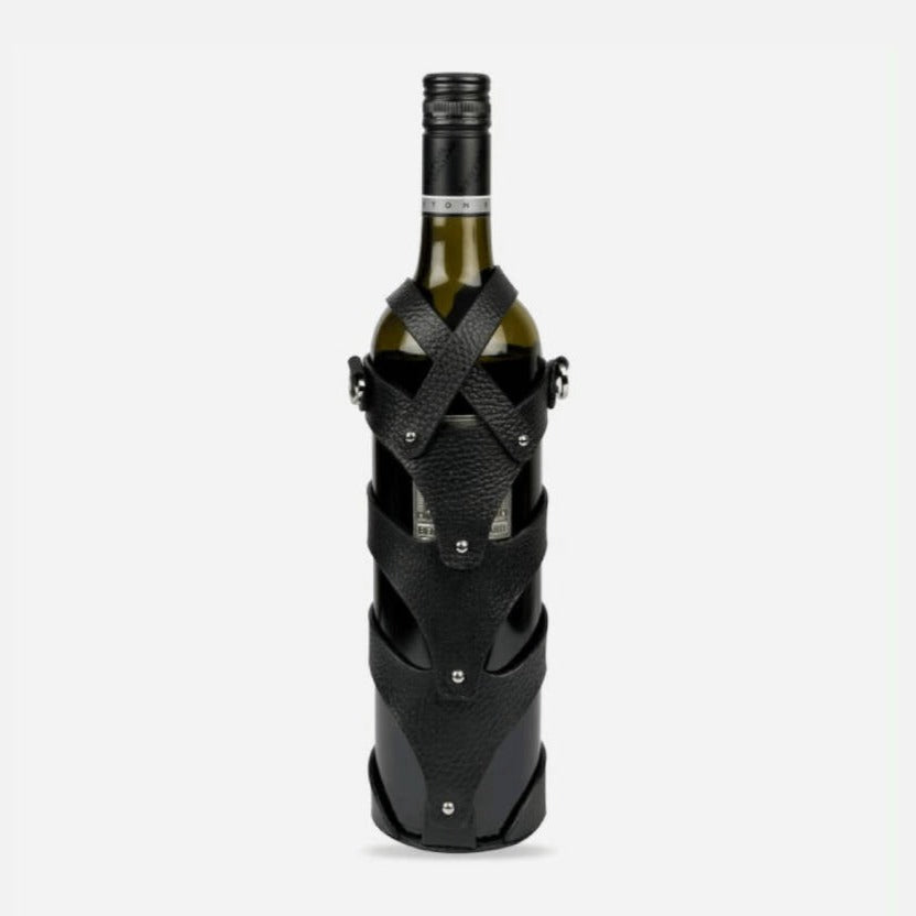 Wine Bottle Carrying Case - Upcycled Leather Black 
