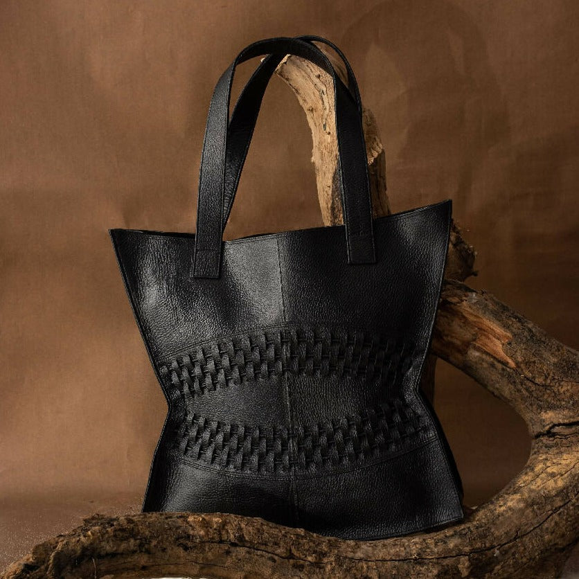 Black upcycled leather tote bag for women from Shop Meraki
