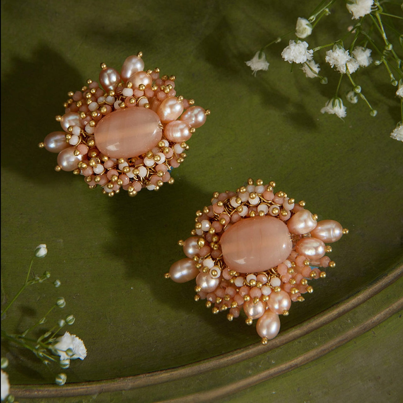 Statement Peach Stone Earrings With Fresh Water Pearls