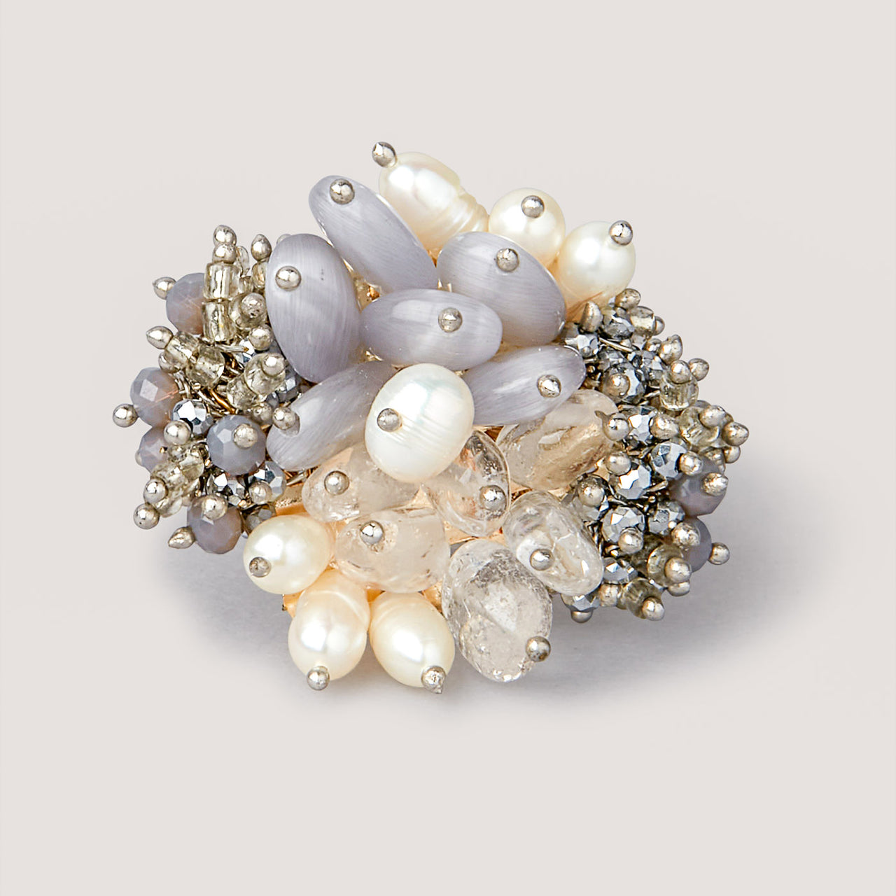 Grey & Off-White Pearls Ad Stone Finger ring
