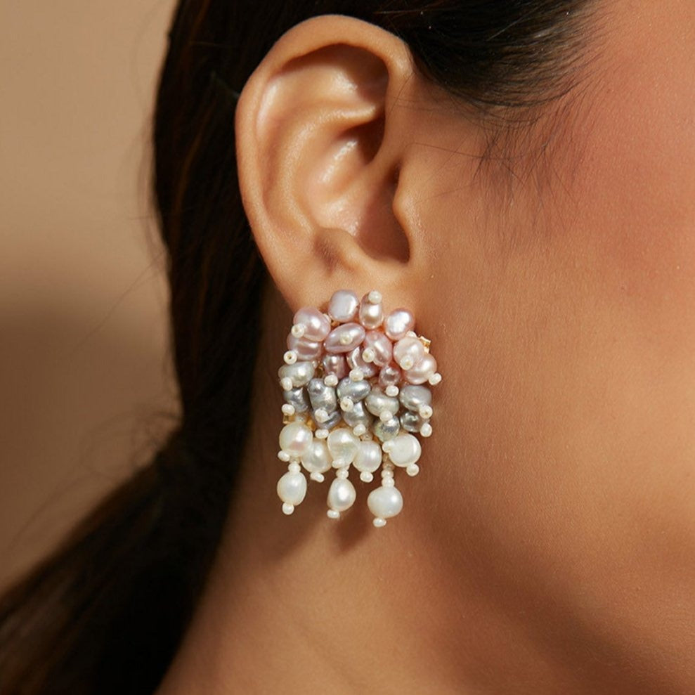 Rose Pink, Off-White, and Grey Pearl Stud Earrings - versatile 