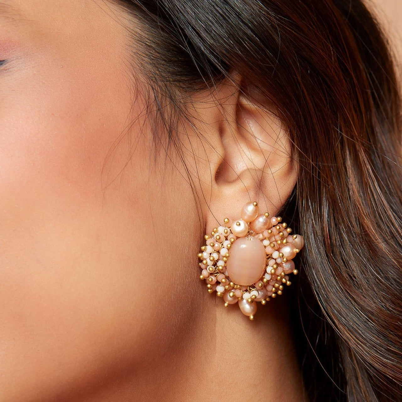 DORO - Statement Peach Stone Earrings With Fresh Water Pearls - Meraki Lifestyle Store