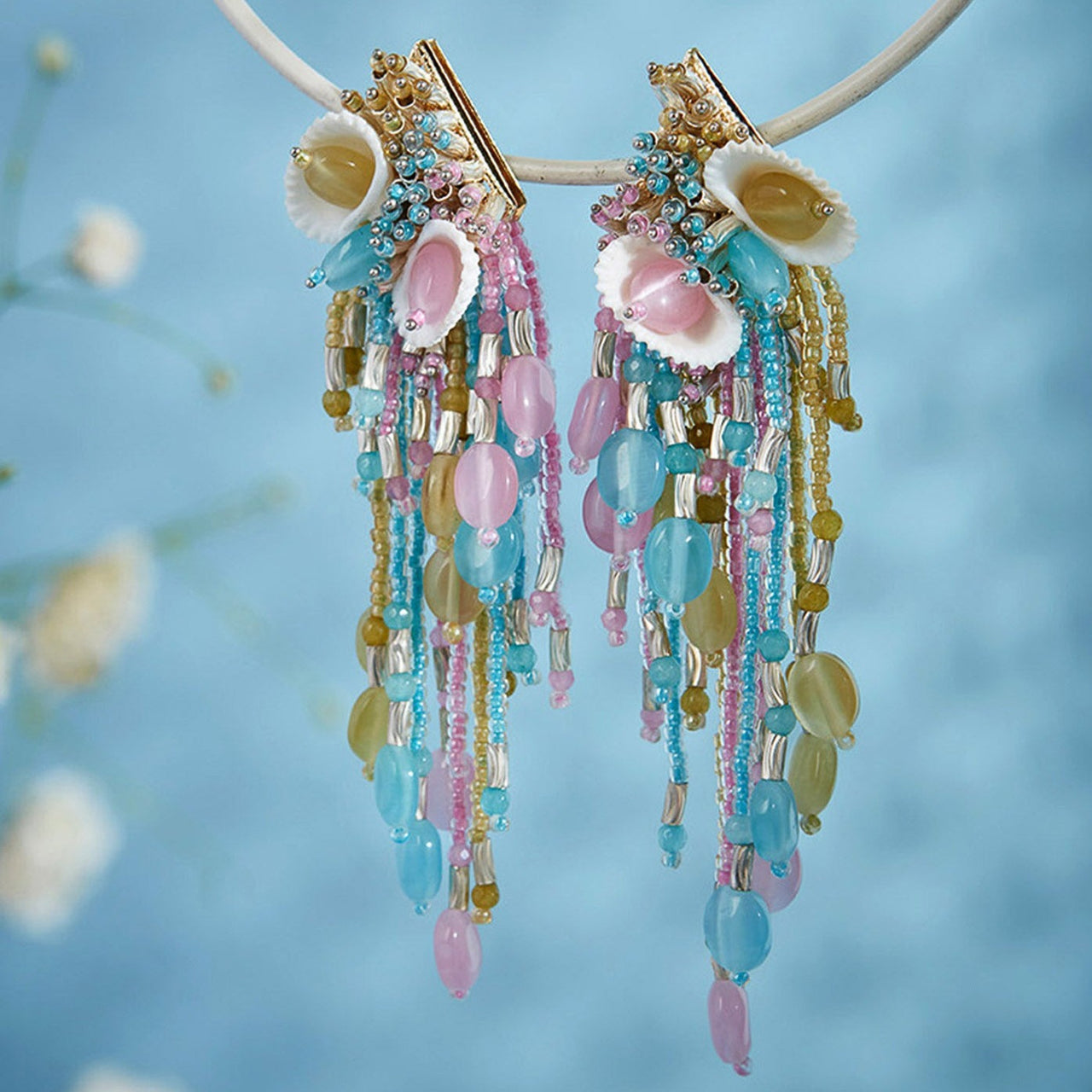 DORO - Multicolour Stone Contemporary Shell Tassel Earrings For Women - Meraki Lifestyle Store