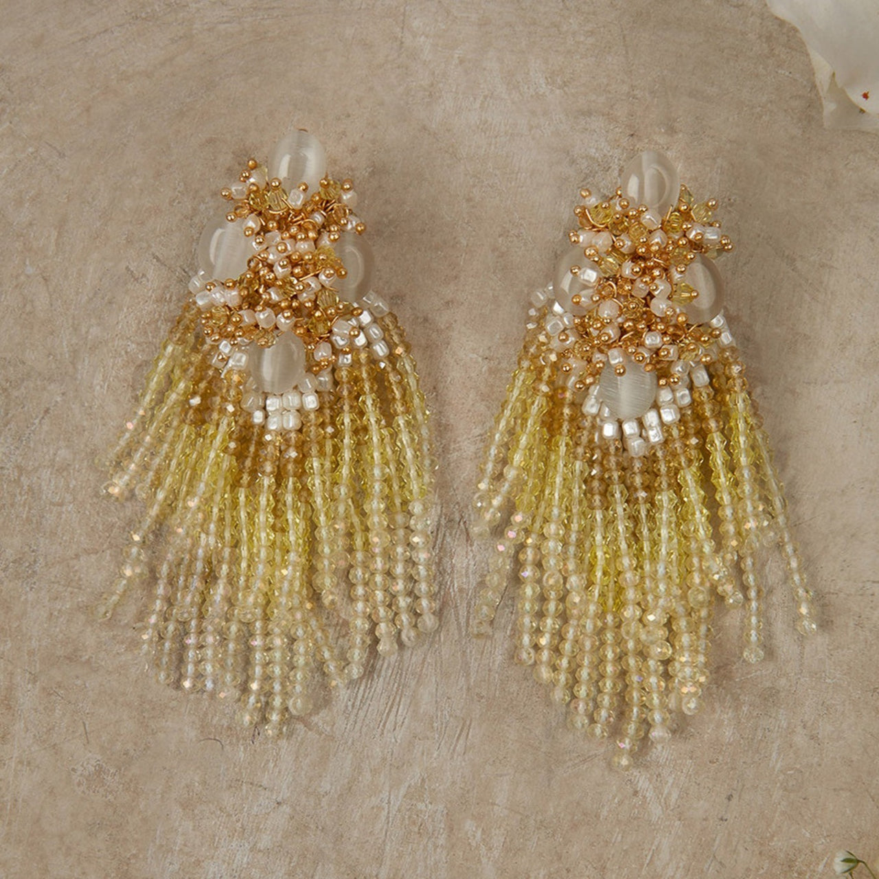 yellow tassel earrings with pearls